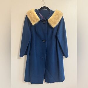 Vintage Kilgarnock Blue Wool Coat Genuine Fur Collar Mid Century